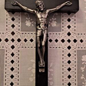 Dark Silver Finish Corpus on Black Wood Crucifix