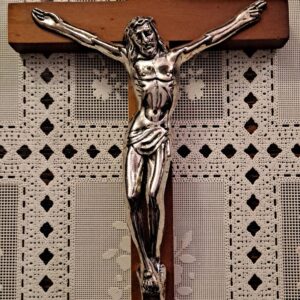 Silver Finish Corpus on Wood Crucifix