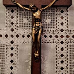Dark Gold Finish Corpus on Wood Crucifix